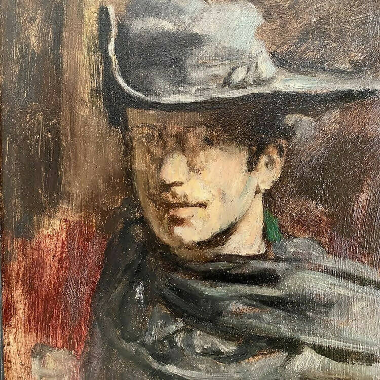 An oil on board painting of a handsome man wearing a classic black hat, with a predominantly black and red colour scheme, framed in a black frame,  available  to buy on the-salon.com. SALON curates the finest , unique, handmade pieces from the interior industry's best makers and brands. Shop luxury furniture, lighting, rugs, art, antiques and vintage pieces and accessories from SALON interior designed rooms.