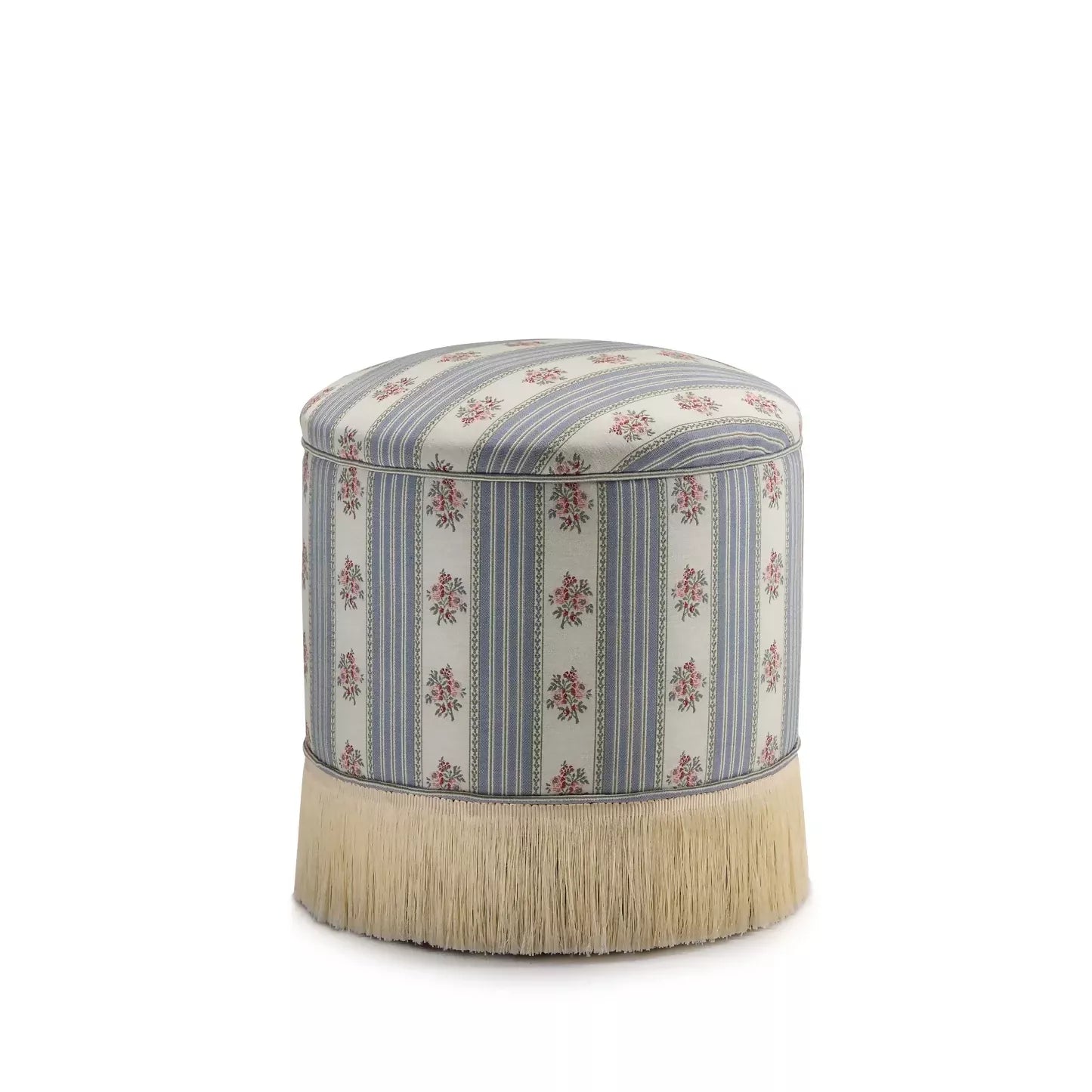Close-up view of a fabric featuring a jacquard weave with a pattern of delicate embroidered floral motifs, stripes, and leaves in blue, green, and beige colours, on a dressing table stool,  available  to buy on the-salon.com. SALON curates the finest , unique, handmade pieces from the interior industry's best makers and brands. Shop luxury furniture, lighting, rugs, art, antiques and vintage pieces and accessories from SALON interior designed rooms.