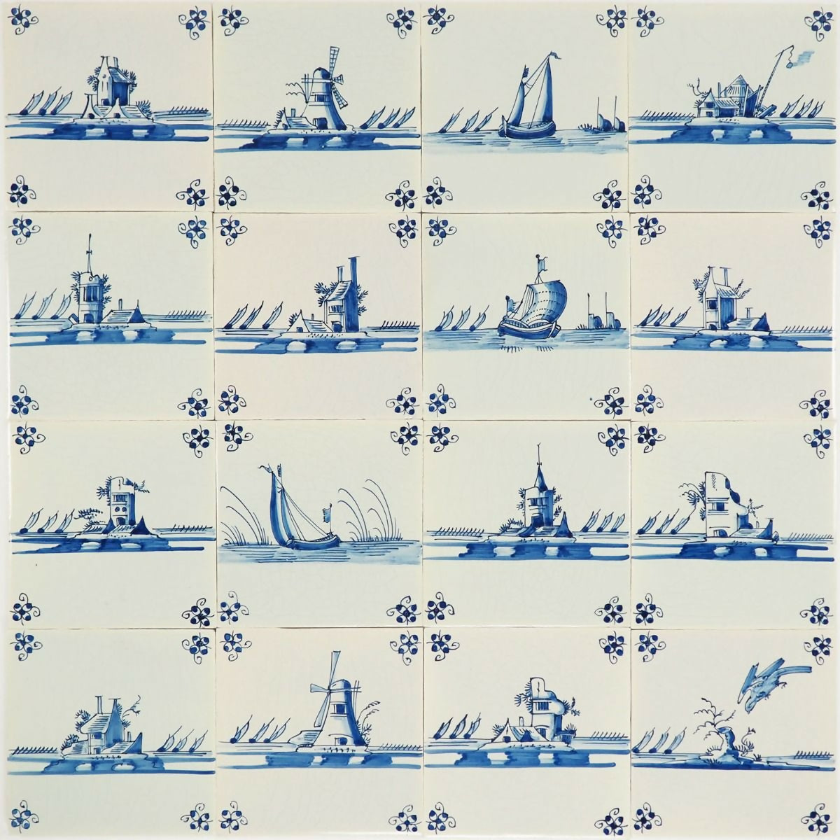 Decorative tiles with blue and white designs of ships and windmills on a white background,  available  to buy on the-salon.com. SALON curates the finest , unique, handmade pieces from the interior industry's best makers and brands. Shop luxury furniture, lighting, rugs, art, antiques and vintage pieces and accessories from SALON interior designed rooms.