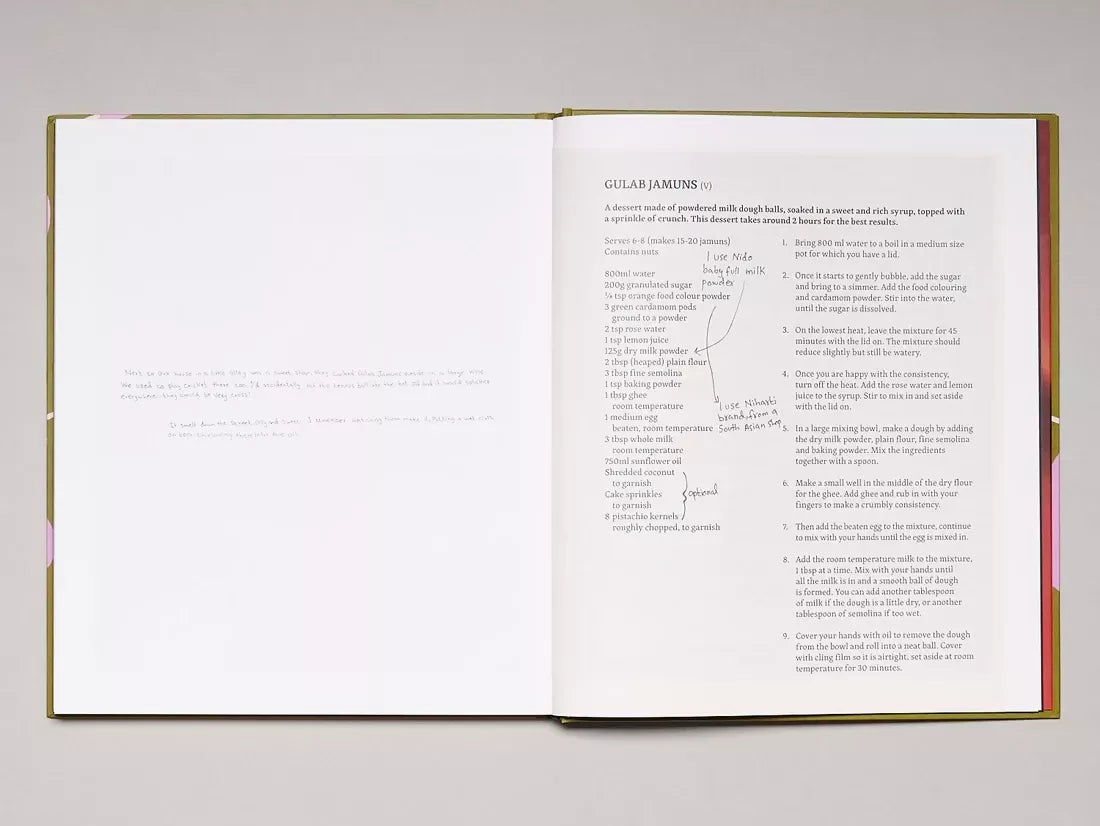 Open book, page open to a recipe of gulab jamus, the other side being little notes,  available  to buy on the-salon.com. SALON curates the finest , unique, handmade pieces from the interior industry's best makers and brands. Shop luxury furniture, lighting, rugs, art, antiques and vintage pieces and accessories from SALON interior designed rooms.