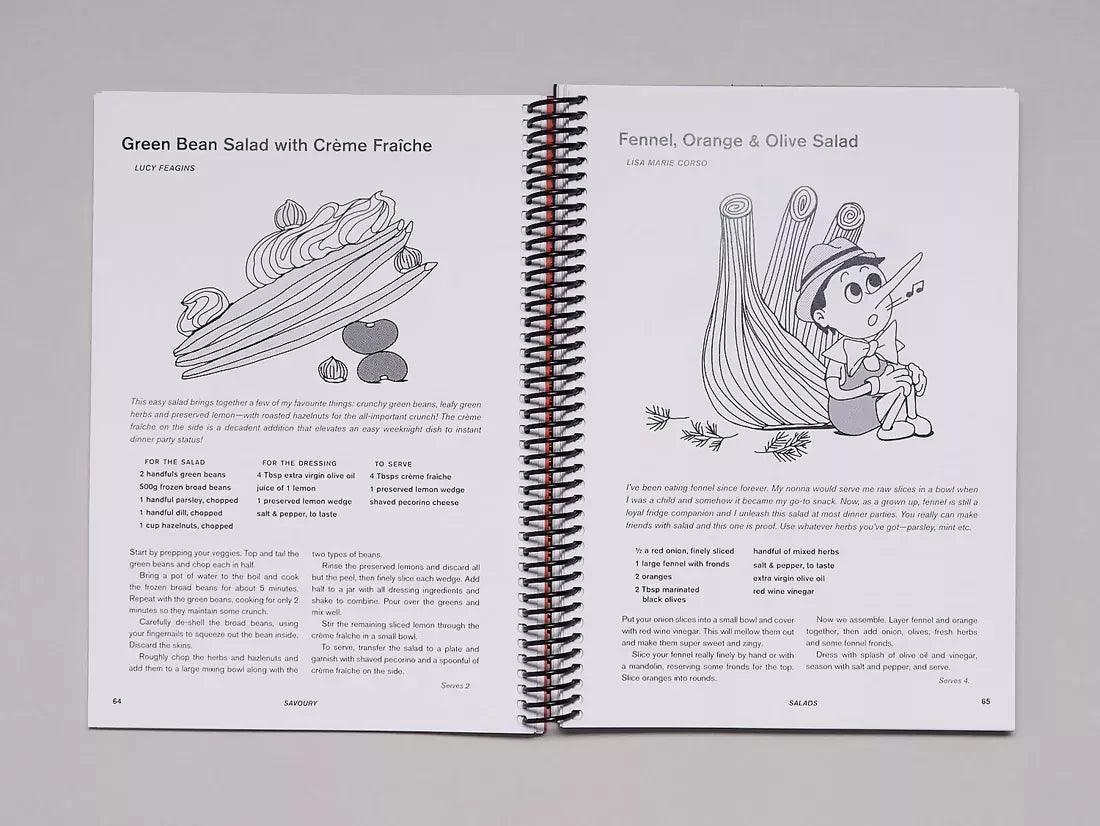 Open book, pages to recipes of Green bean salad with creme fraiche and fennel, orange& olive salad , available  to buy on the-salon.com. SALON curates the finest , unique, handmade pieces from the interior industry's best makers and brands. Shop luxury furniture, lighting, rugs, art, antiques and vintage pieces and accessories from SALON interior designed rooms.