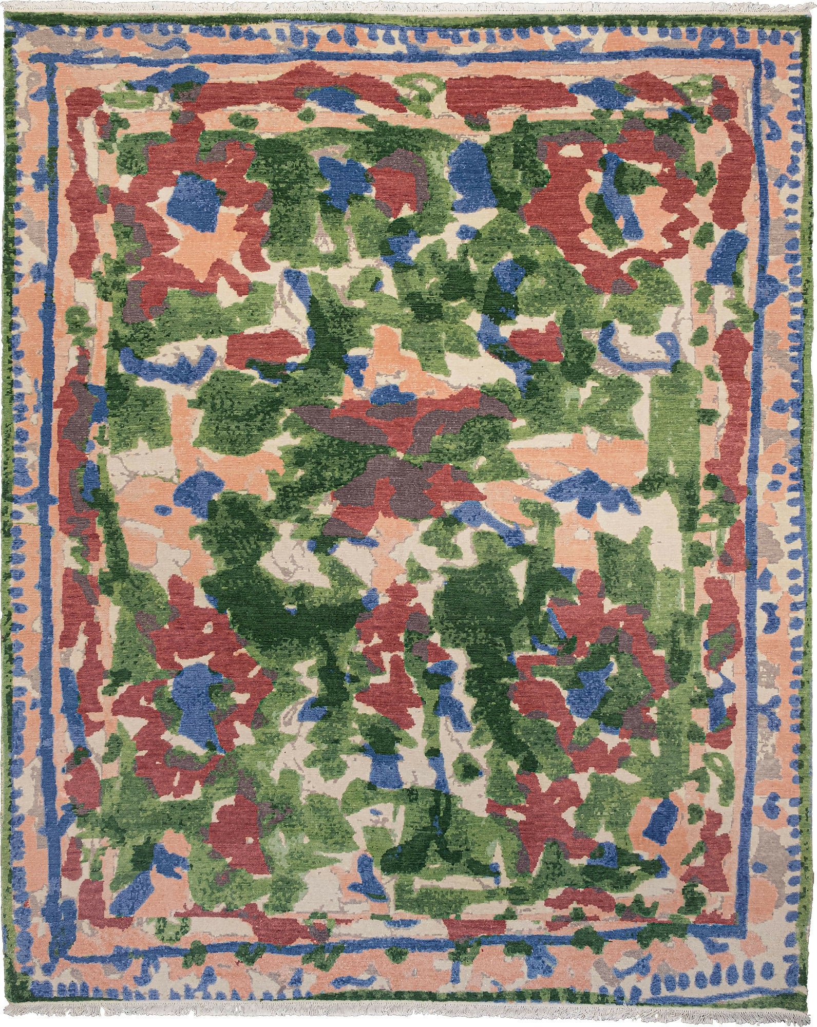 Multicolored patterned rug with red, green, blue, and beige colors on a white background,  available  to buy on the-salon.com. SALON curates the finest , unique, handmade pieces from the interior industry's best makers and brands. Shop luxury furniture, lighting, rugs, art, antiques and vintage pieces and accessories from SALON interior designed rooms.