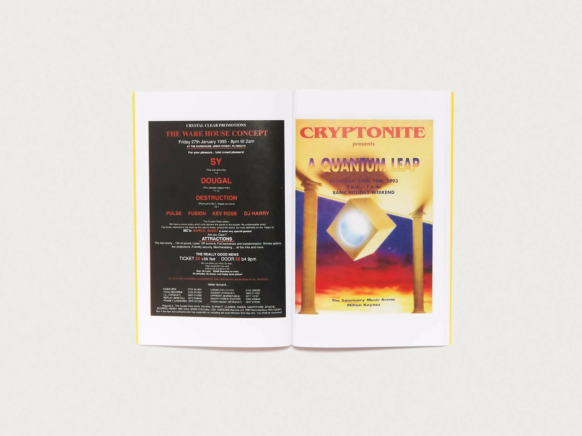 An image of an open magazine, containing two flyers about two different raves,'cryptonite' and 'the warehouse concert',  available  to buy on the-salon.com. SALON curates the finest , unique, handmade pieces from the interior industry's best makers and brands. Shop luxury furniture, lighting, rugs, art, antiques and vintage pieces and accessories from SALON interior designed rooms.