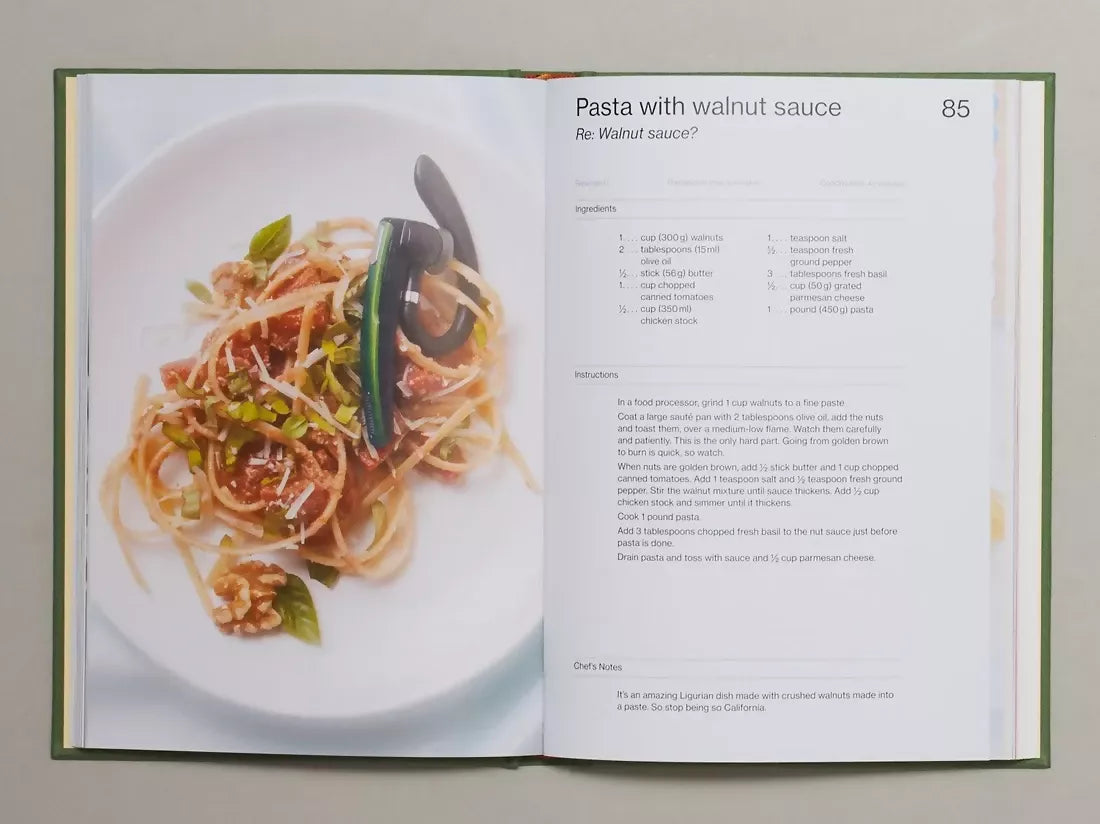 Open book, pages to an image of pasta, sauce and a bluetooth headset. The instructions being formatted like an email, available  to buy on the-salon.com. SALON curates the finest , unique, handmade pieces from the interior industry's best makers and brands. Shop luxury furniture, lighting, rugs, art, antiques and vintage pieces and accessories from SALON interior designed rooms.