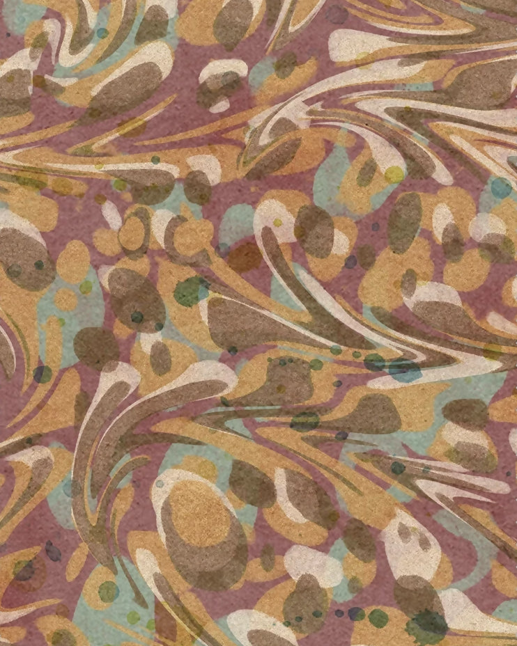 A square fabric or material swatch with serrated edges, featuring an abstract marbled pattern in muted purple, tan, brown, cream, and light blue-green tones.