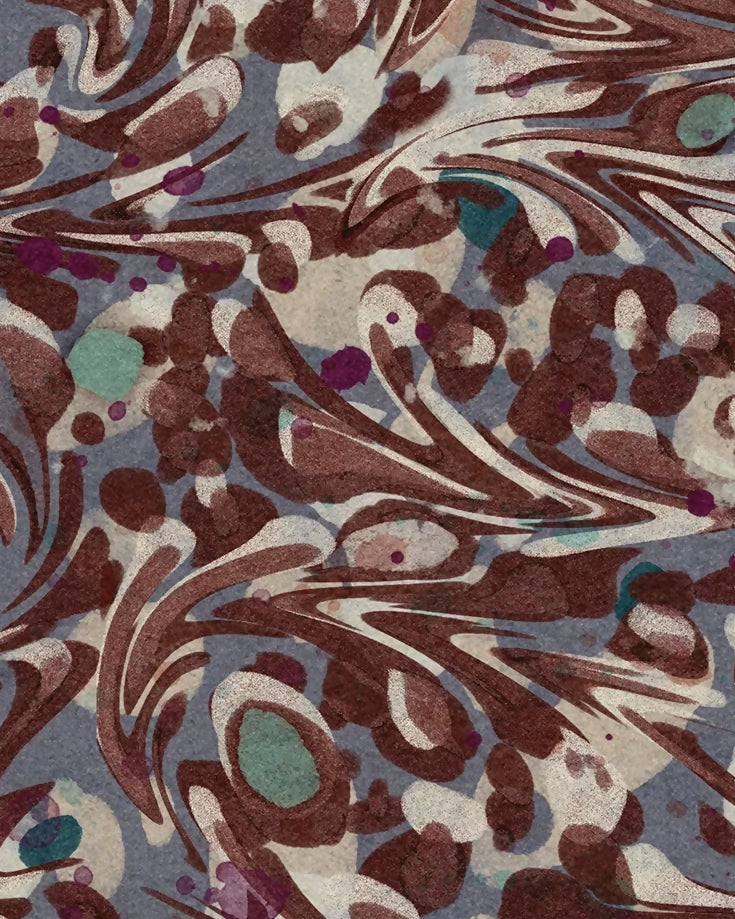 A square fabric or material swatch with scalloped edges, showing an abstract marbled pattern in brown, beige, gray, and small teal and purple accents.