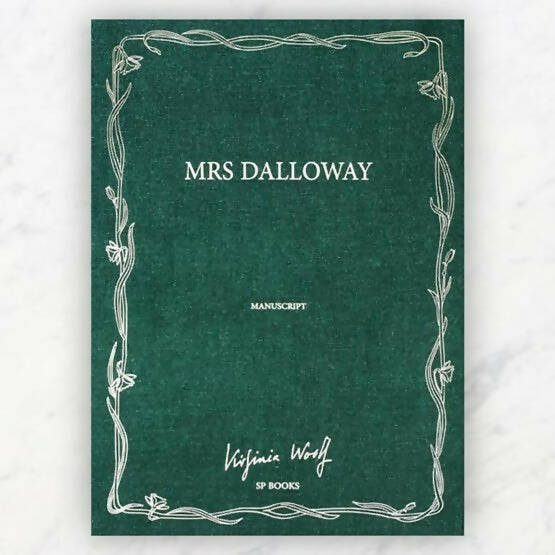 Reproduction facsimile cover of Virginia Woolf's novel Mrs Dalloway, featuring a green background with floral patterns and the title and author's signature in elegant typography,  available  to buy on the-salon.com. SALON curates the finest , unique, handmade pieces from the interior industry's best makers and brands. Shop luxury furniture, lighting, rugs, art, antiques and vintage pieces and accessories from SALON interior designed rooms.