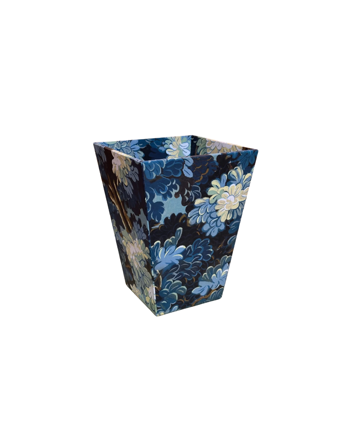 A square-shaped planter or vase with a dark navy blue and black background, decorated with a detailed floral pattern in shades of blue, white, and light yellow.