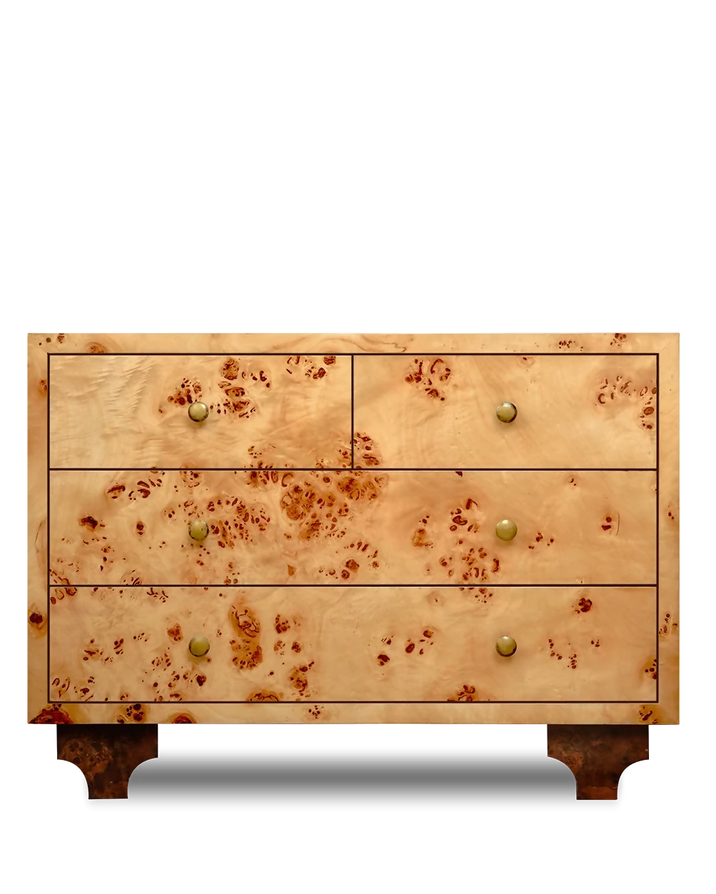 A three-drawer wooden chest of drawers with a distinctive natural burl wood pattern in warm tan and brown tones, featuring small round green knobs and dark feet, isolated on a white background.