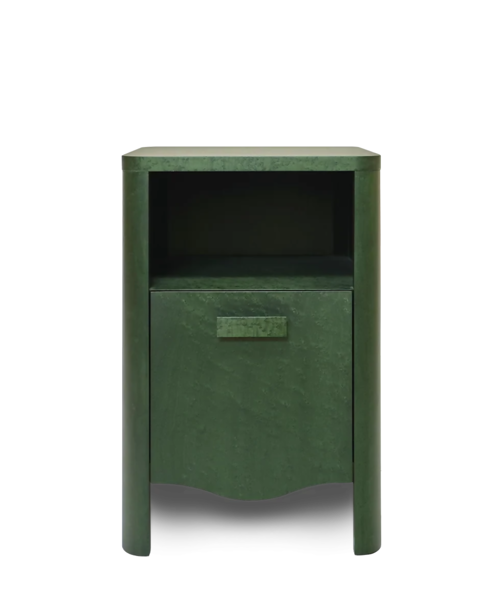 A small green side cabinet or nightstand with a single open shelf and a front drawer, shown against a plain white background.