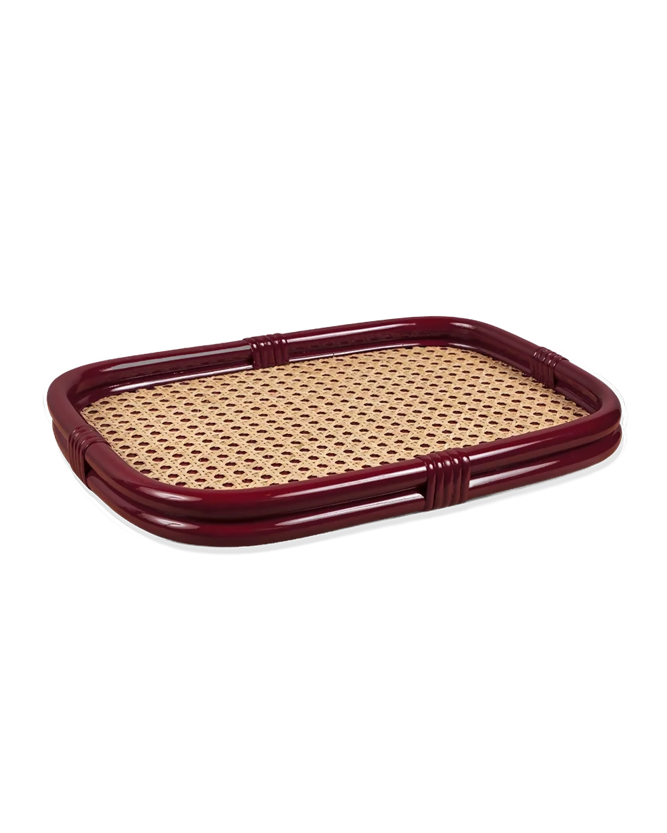 A rectangular rattan tray with a dark reddish-brown bamboo frame, shown on a plain white background.