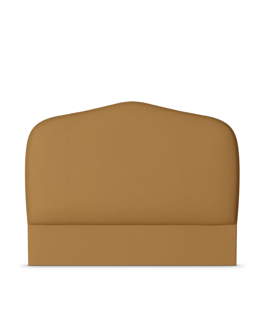 A tan upholstered headboard with a curved top and a solid band at the base, shown against a plain white background.