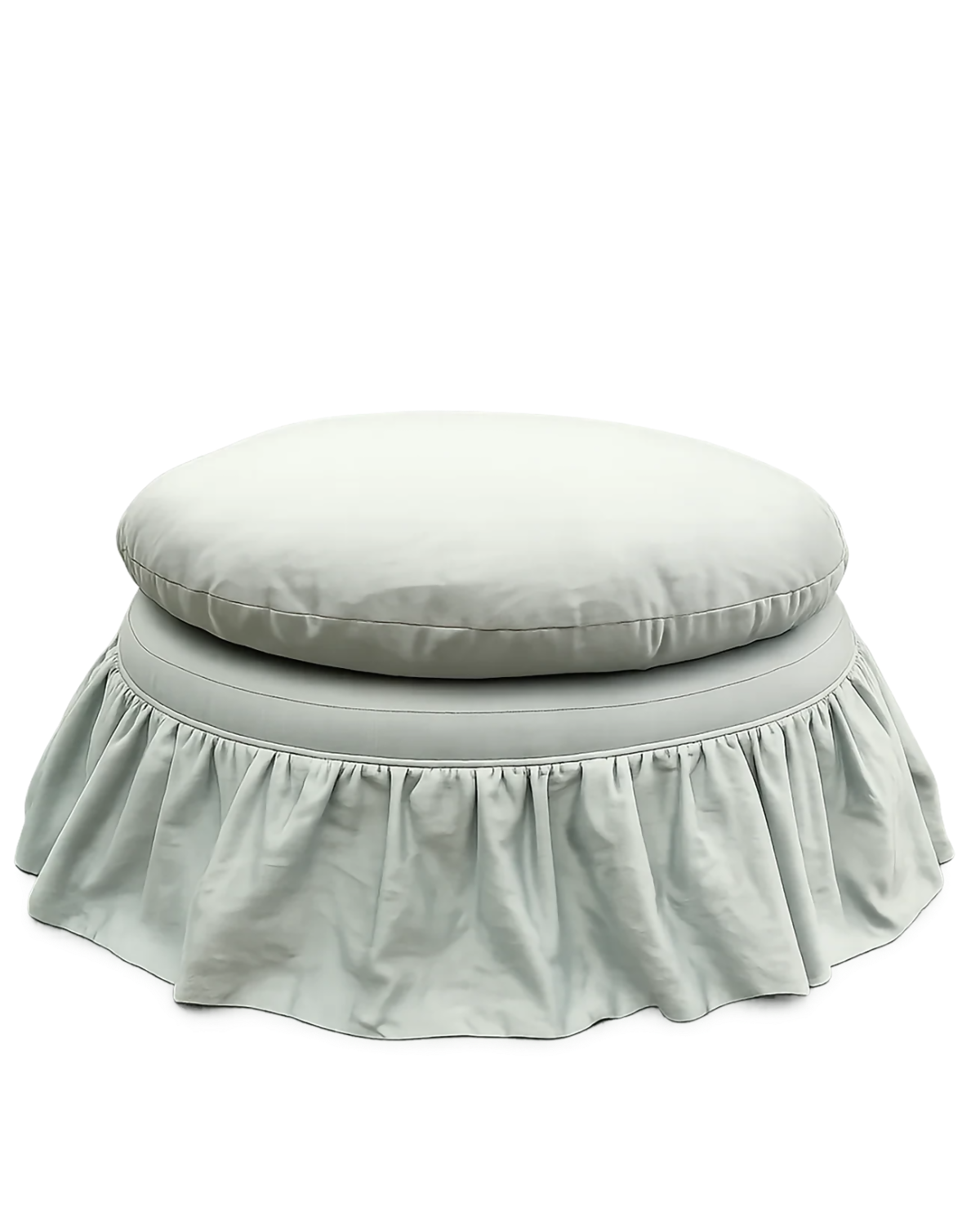A round ottoman with a ruffled skirt and a matching round cushion on top, shown on a plain white background.