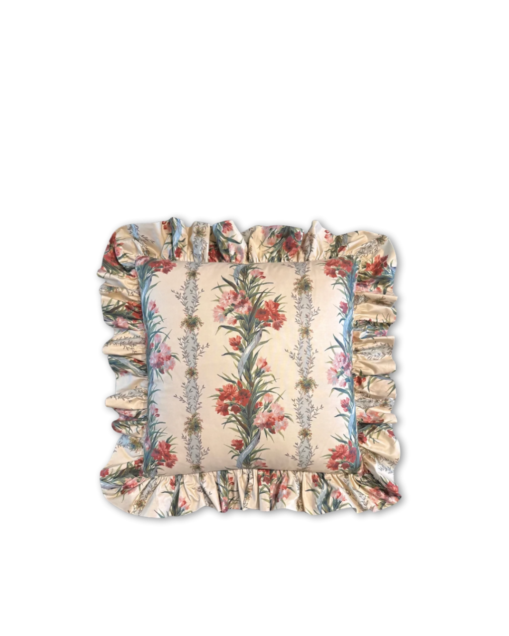 A square decorative throw pillow with a ruffled border, featuring a vintage botanical pattern with red flowers, green leaves, and lavender stalks on a cream background.