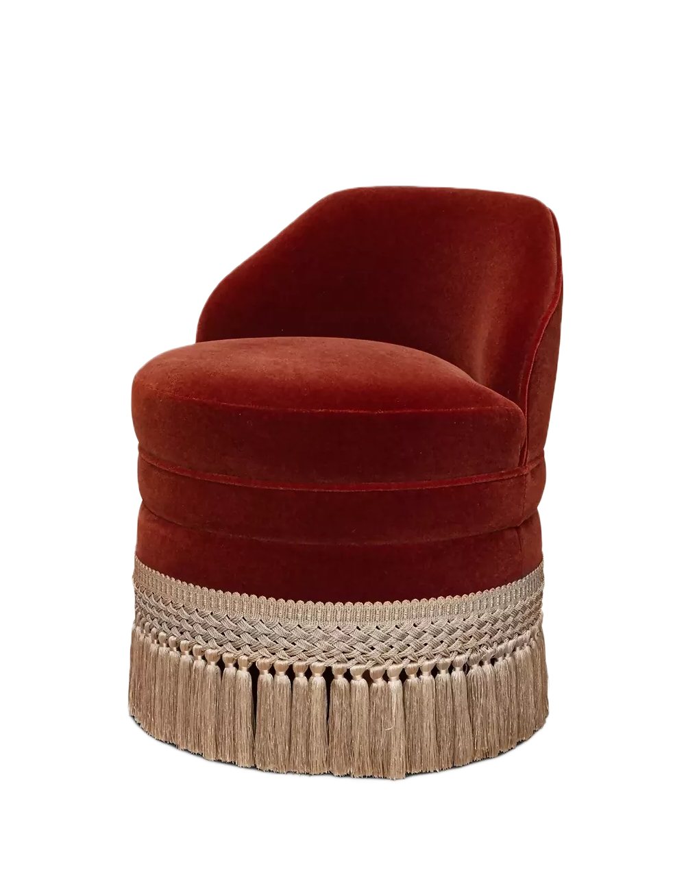 A round velvet armchair in deep burgundy red, featuring a thick beige braided band and a matching beige fringe skirt around the base, shown against a plain white background.