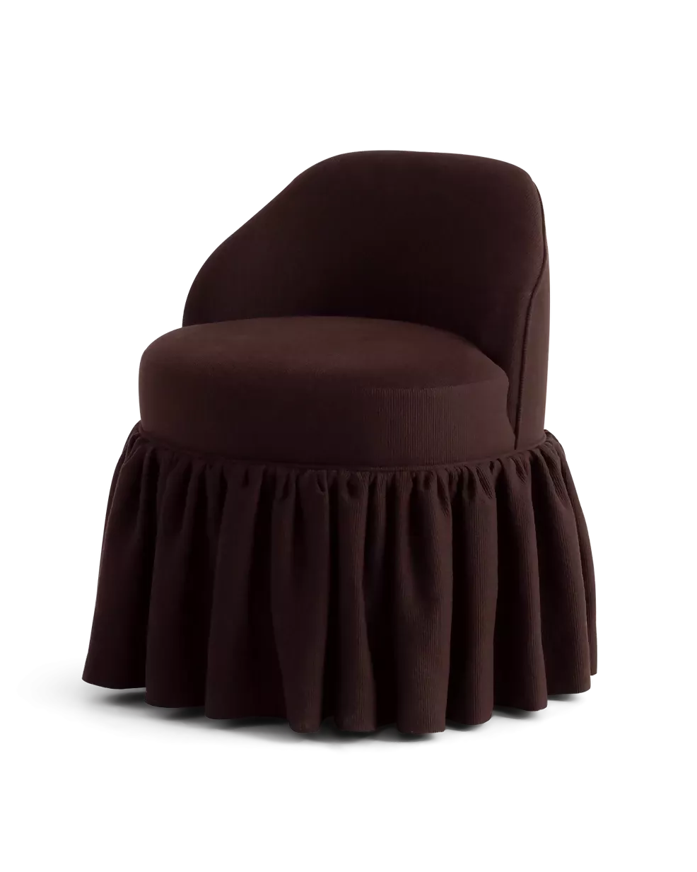 A dark brown upholstered accent chair with a ruffled skirt base, shown against a plain white background.