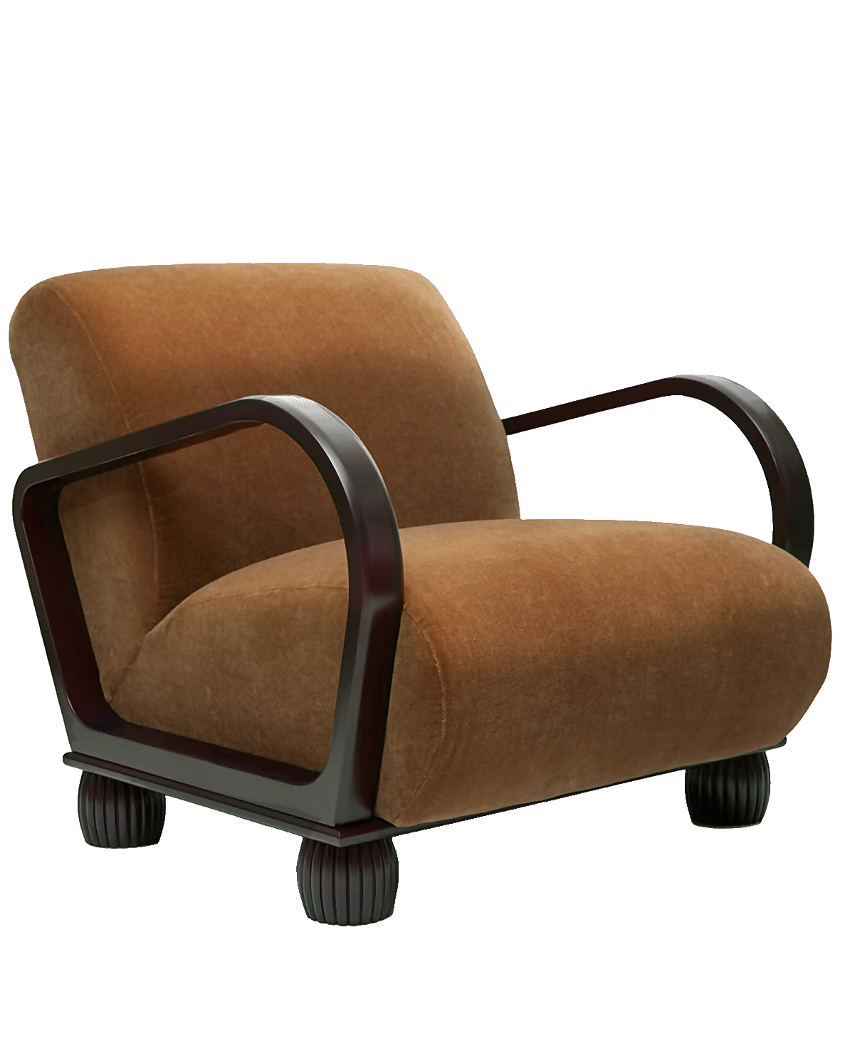 A modern armchair with a warm brown upholstered seat and back, supported by a glossy dark wood frame with curved arms and small turned legs, shown on a plain white background.