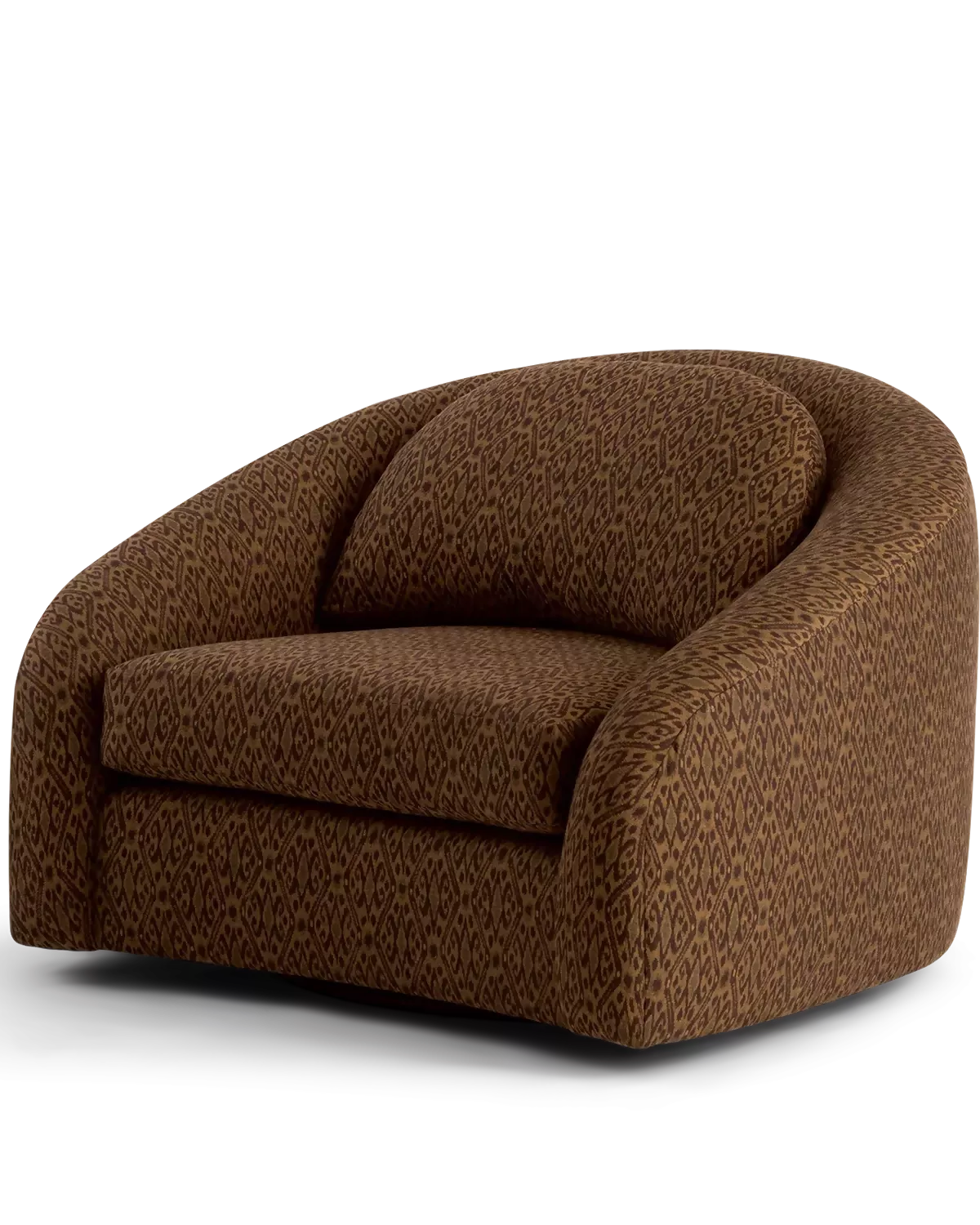 A modern barrel-style armchair upholstered in a textured brown fabric, shown from a three-quarter angle on a clean white background.