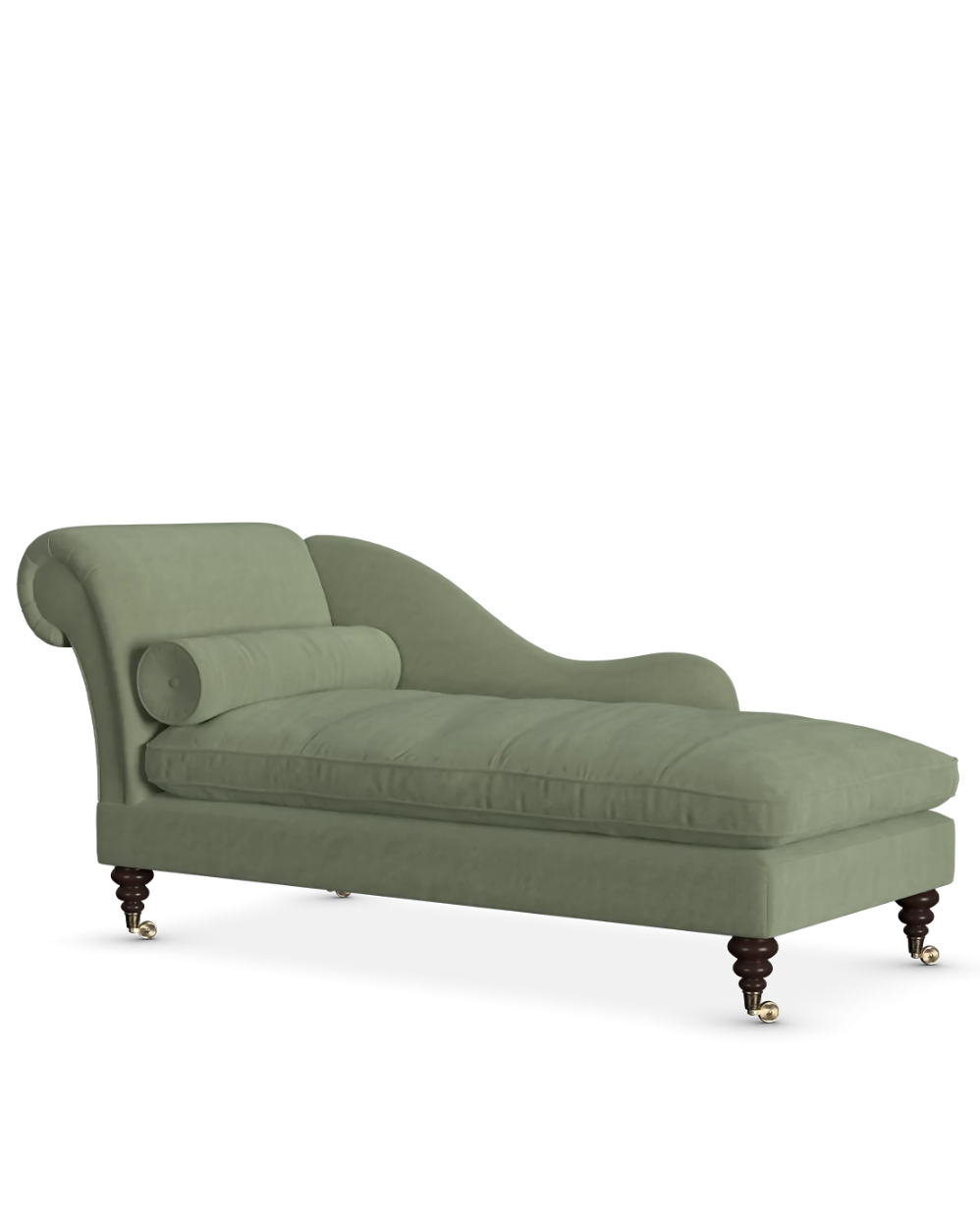 An upholstered chaise lounge in a muted sage green fabric, featuring dark turned wooden legs, shown against a plain white background.