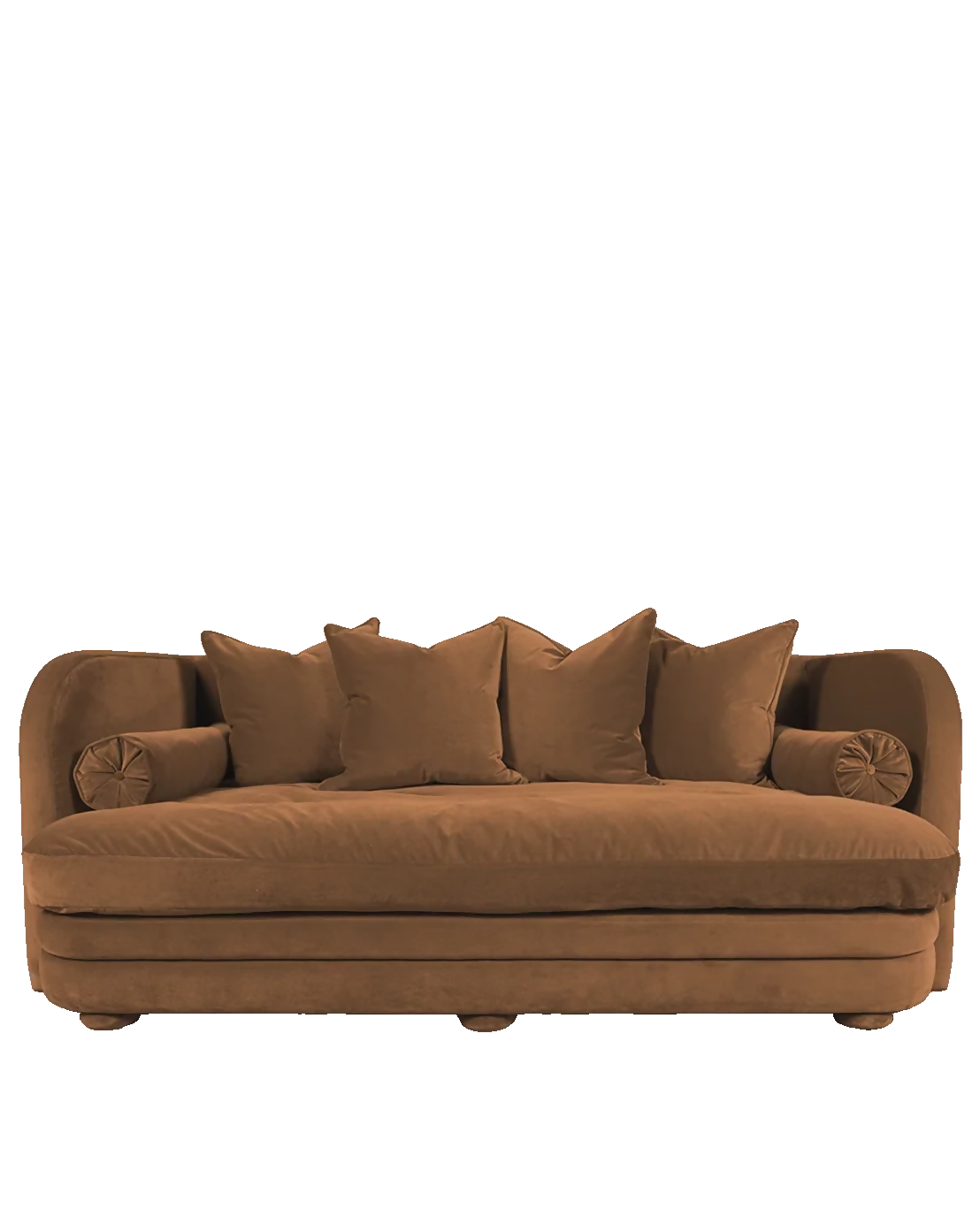 A brown upholstered loveseat or sofa with rounded arms, a low profile, and four matching back cushions, shown against a plain white background.