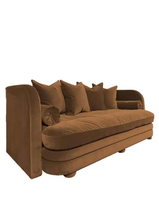 A brown upholstered daybed or chaise lounge with multiple matching back cushions, shown on a plain white background.