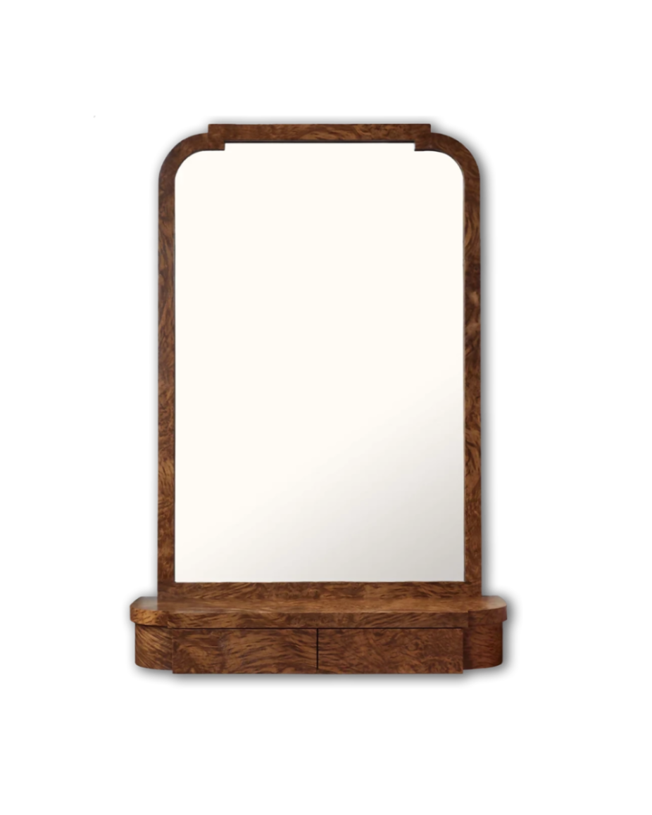 A wooden vanity mirror with a rectangular frame, rounded top corners, and a built-in lower shelf, shown on a plain white background with a Design Awards 2023 Winner badge in the top-left corner.