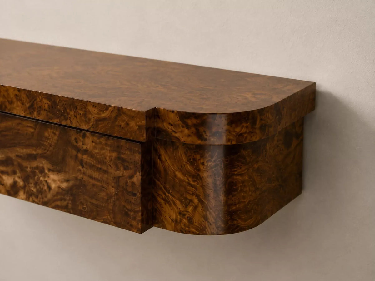 TIGER WALL MOUNTED CONSOLE, STRIPED BURL, NATURAL BY TROVE BY STUDIO DUGGAN