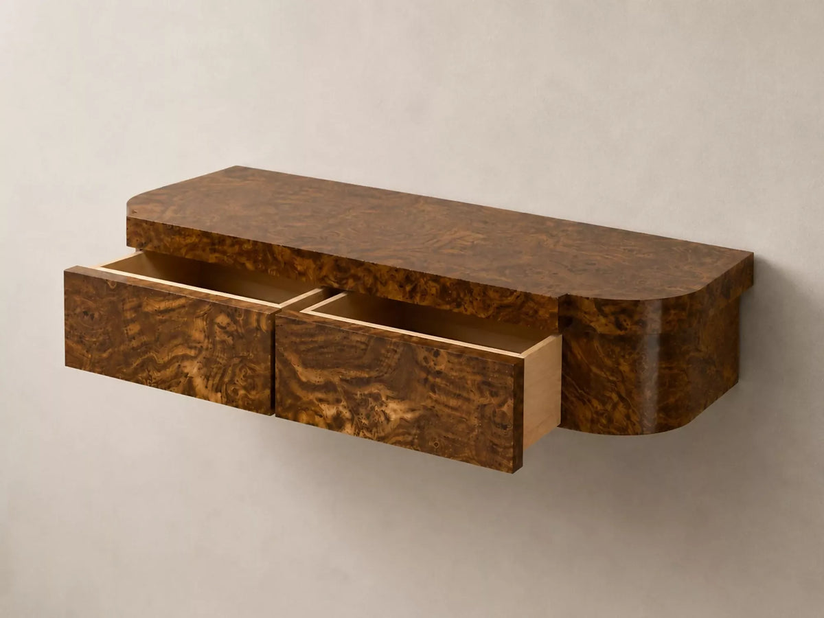 TIGER WALL MOUNTED CONSOLE, STRIPED BURL, NATURAL BY TROVE BY STUDIO DUGGAN