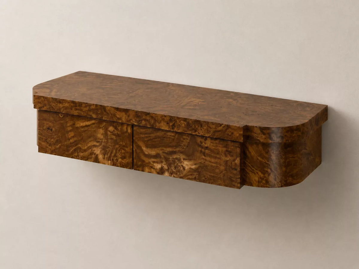 TIGER WALL MOUNTED CONSOLE, STRIPED BURL, NATURAL BY TROVE BY STUDIO DUGGAN