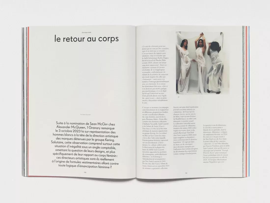 Open book, pages turned to ' return to the body' with text in French and the next page having a photo of three women wearing white-translucent garments, with more writing in French around it, available  to buy on the-salon.com. SALON curates the finest , unique, handmade pieces from the interior industry's best makers and brands. Shop luxury furniture, lighting, rugs, art, antiques and vintage pieces and accessories from SALON interior designed rooms.