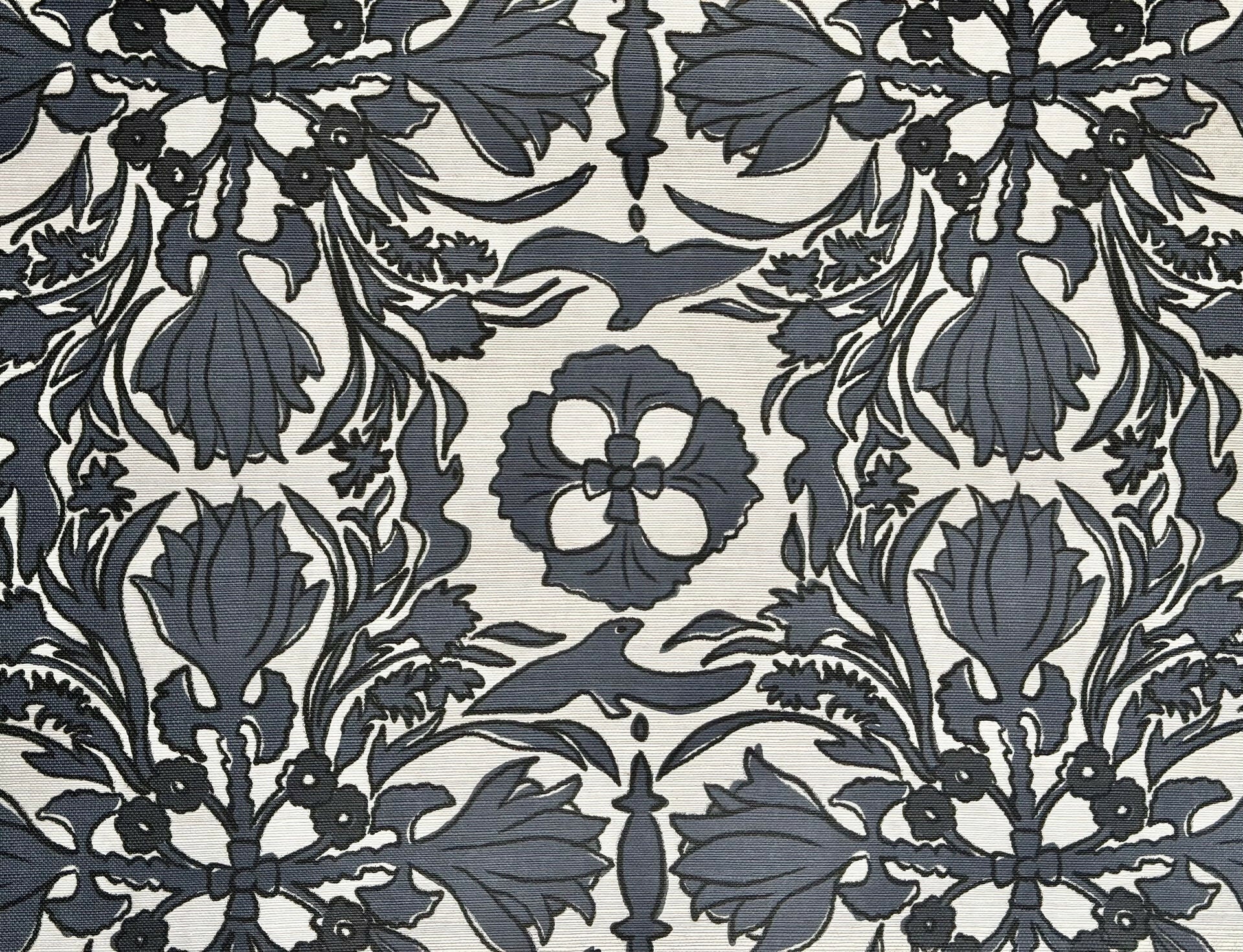 A section of wallpaper with a floral pattern in shades of gray, featuring a decorative design, available  to buy on the-salon.com. SALON curates the finest , unique, handmade pieces from the interior industry's best makers and brands. Shop luxury furniture, lighting, rugs, art, antiques and vintage pieces and accessories from SALON interior designed rooms.