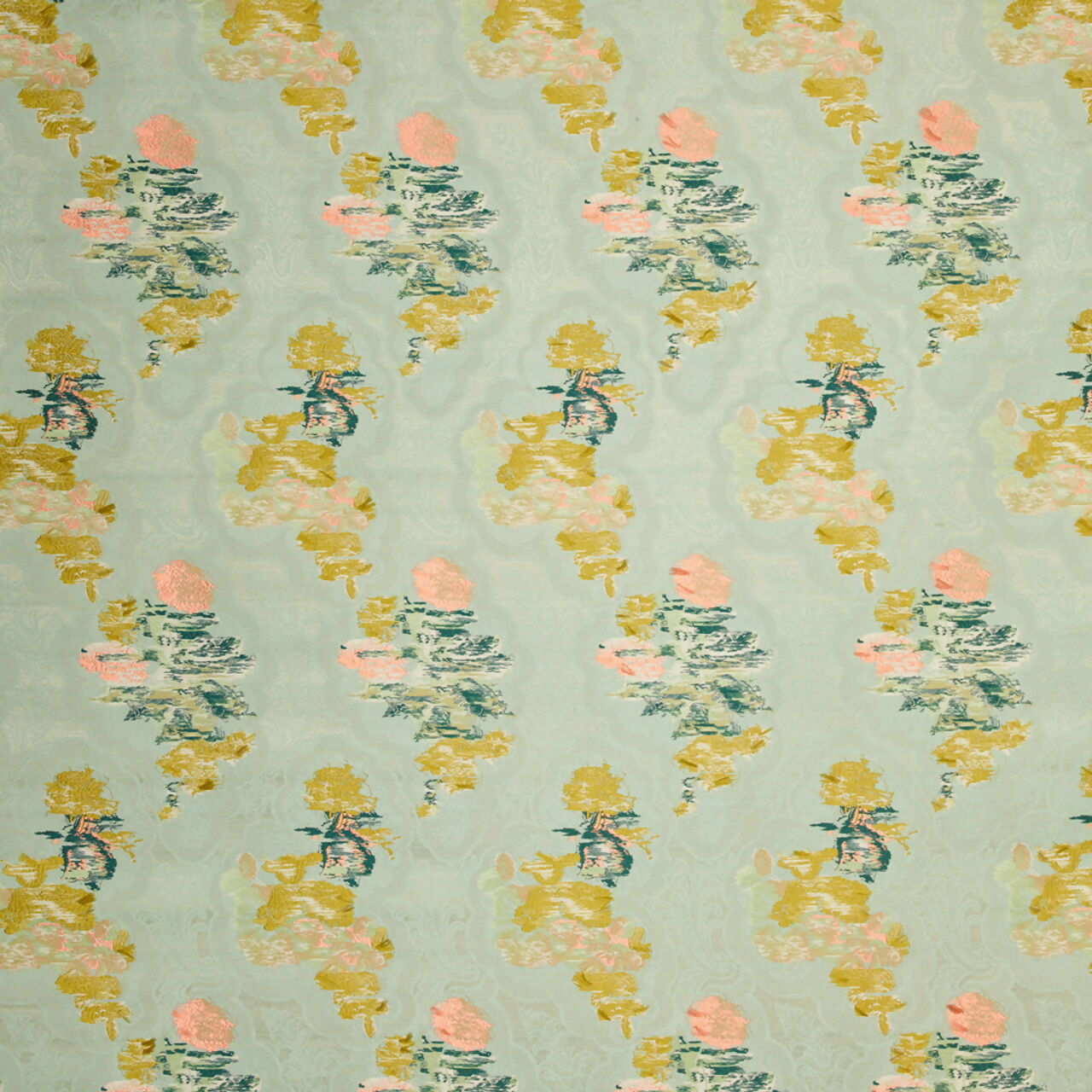 A close up of the green material with hints of pink and yellow from the velvet sofa, named 'Large Atlanta Sofa by Orior', available  to buy on the-salon.com. SALON curates the finest , unique, handmade pieces from the interior industry's best makers and brands. Shop luxury furniture, lighting, rugs, art, antiques and vintage pieces and accessories from SALON interior designed rooms.