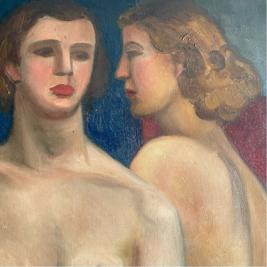 This image features a captivating 1930s German oil painting of female figures, displayed on a wall above a mantelpiece. The artwork is a striking study of the human form  available  to buy on the-salon.com. SALON curates the finest , unique, handmade pieces from the interior industry's best makers and brands. Shop luxury furniture, lighting, rugs, art, antiques and vintage pieces and accessories from SALON interior designed rooms.