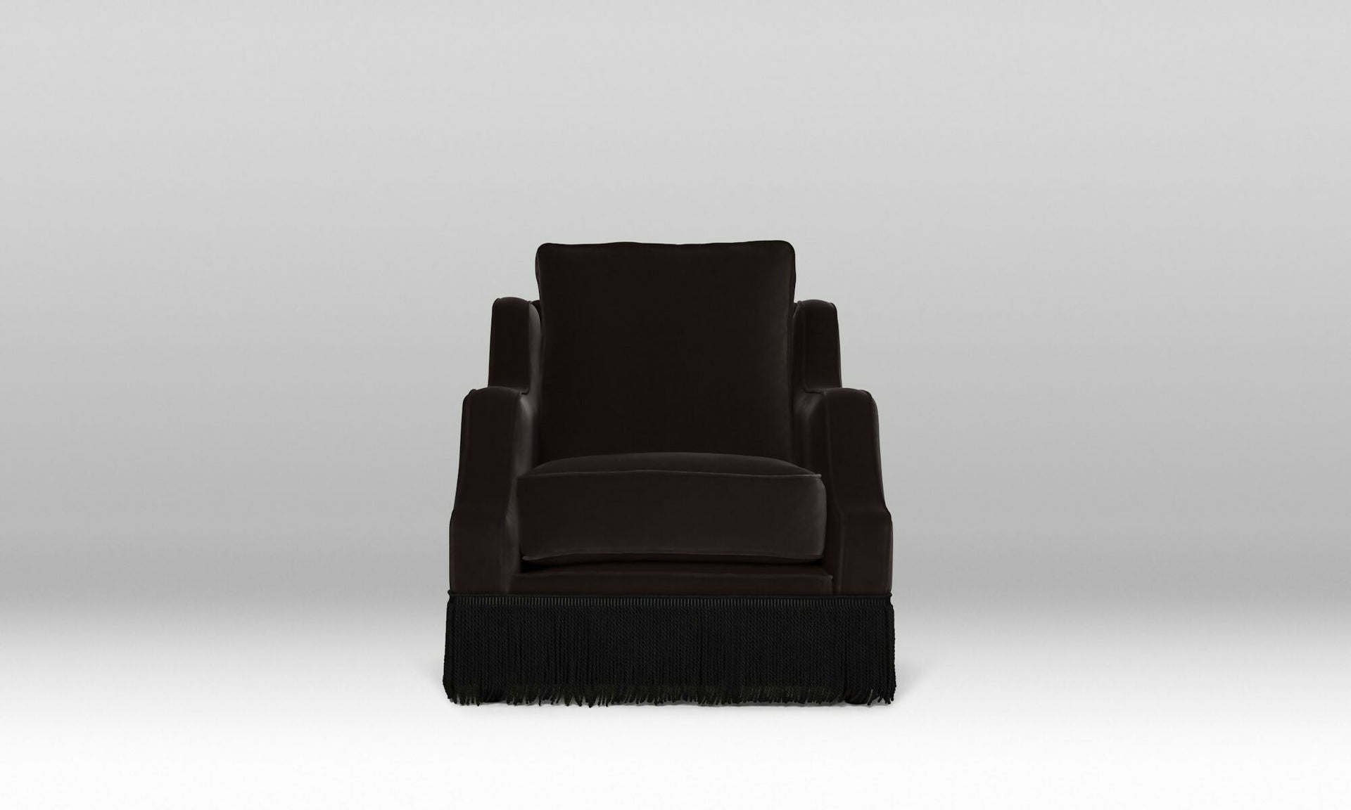 An ornate upholstered Atlanta chair with velvet fabric and tasseled fringe, designed by Orior, available  to buy on the-salon.com. SALON curates the finest , unique, handmade pieces from the interior industry's best makers and brands. Shop luxury furniture, lighting, rugs, art, antiques and vintage pieces and accessories from SALON interior designed rooms.