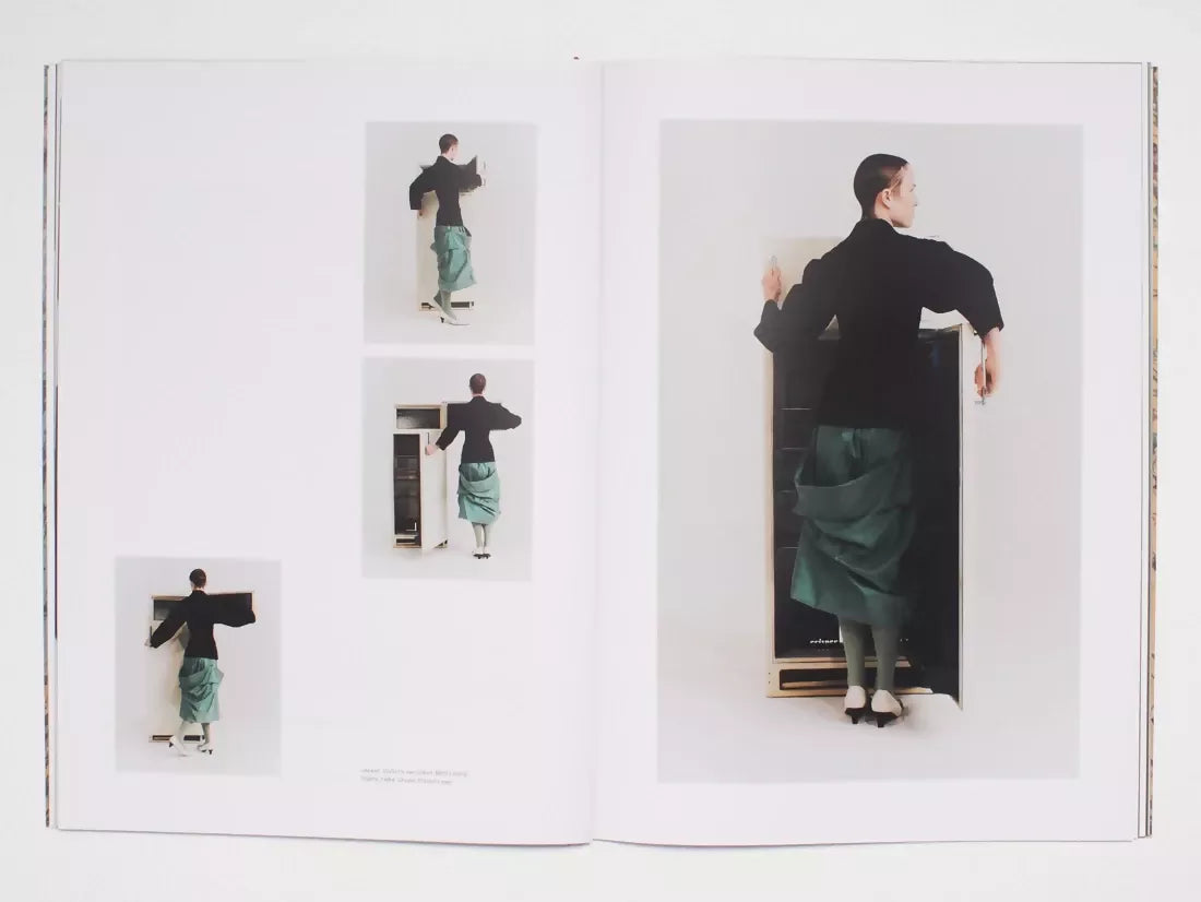 An image of an open book, containing multiple photos of a woman standing infront of a fridge, posing,  available  to buy on the-salon.com. SALON curates the finest , unique, handmade pieces from the interior industry's best makers and brands. Shop luxury furniture, lighting, rugs, art, antiques and vintage pieces and accessories from SALON interior designed rooms.