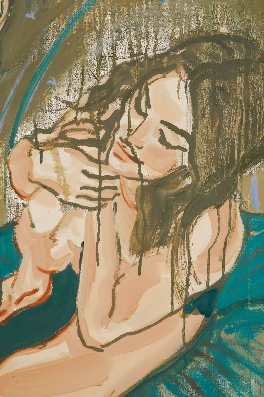 Artistic depiction of a woman with long hair and a blue garment, possibly from a painting or drawing,  available  to buy on the-salon.com. SALON curates the finest , unique, handmade pieces from the interior industry's best makers and brands. Shop luxury furniture, lighting, rugs, art, antiques and vintage pieces and accessories from SALON interior designed rooms.