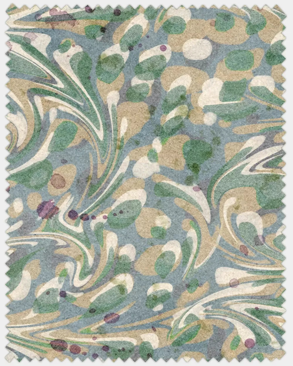 Wallpaper swatch with intricate floral pattern on a blue background