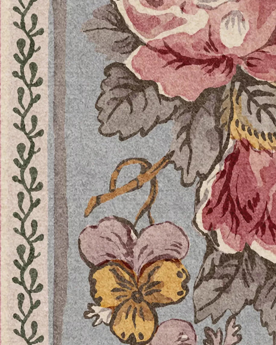 Floral patterned fabric swatch with pink and yellow flowers on a gray background