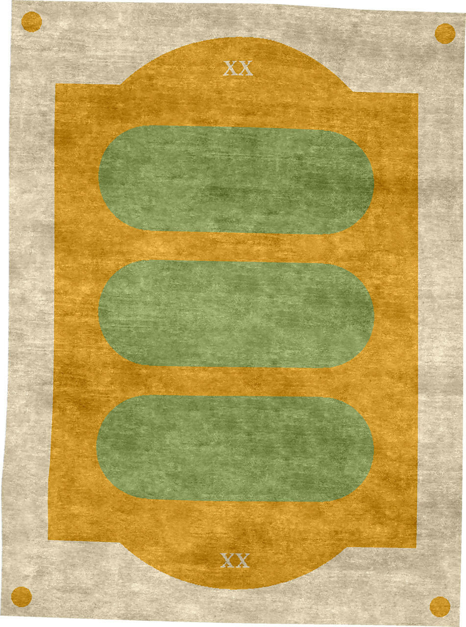Decorative rug with green oval patterns and 'XX' symbols on a beige background, available  to buy on the-salon.com. SALON curates the finest , unique, handmade pieces from the interior industry's best makers and brands. Shop luxury furniture, lighting, rugs, art, antiques and vintage pieces and accessories from SALON interior designed rooms.