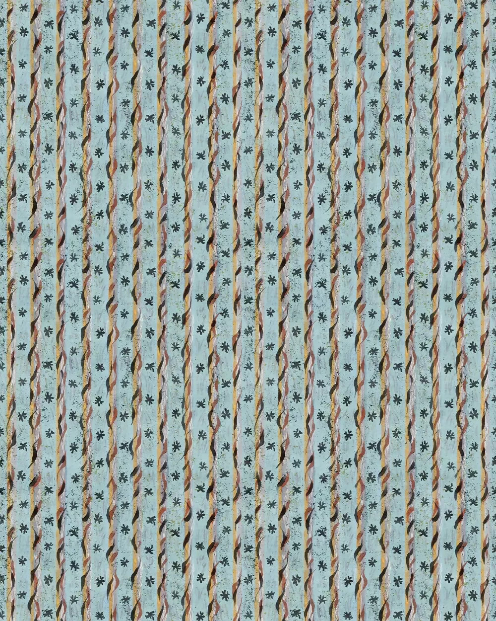 Textile pattern with wavy lines and small floral or leaf designs on a light blue background