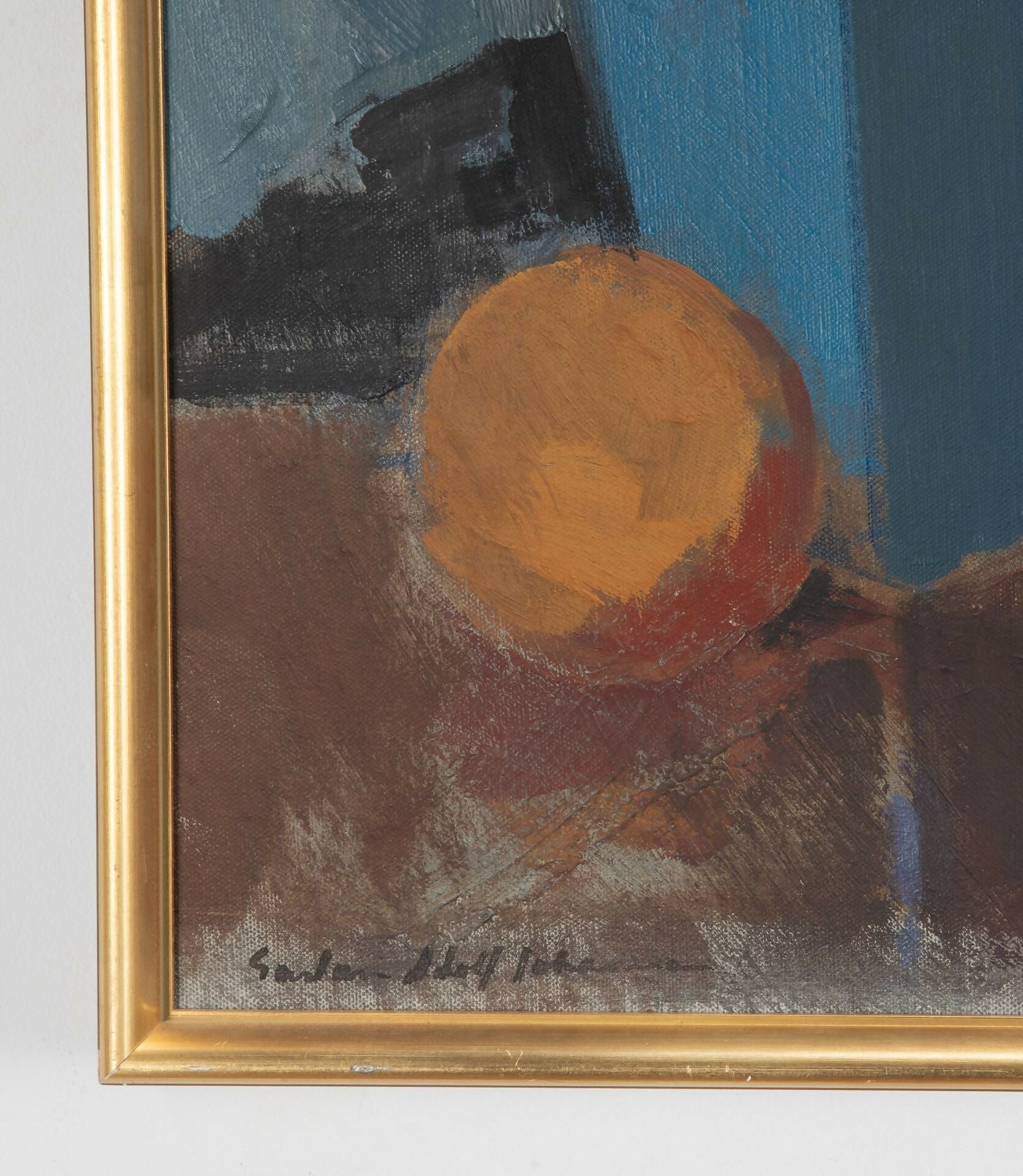 Abstract painting with a gold frame on a white wall,  available  to buy on the-salon.com. SALON curates the finest , unique, handmade pieces from the interior industry's best makers and brands. Shop luxury furniture, lighting, rugs, art, antiques and vintage pieces and accessories from SALON interior designed rooms.