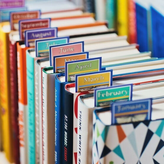A series of neatly arranged books on a shelf, each marked with a colorful monthly bookmark ranging from January to December,  available  to buy on the-salon.com. SALON curates the finest , unique, handmade pieces from the interior industry's best makers and brands. Shop luxury furniture, lighting, rugs, art, antiques and vintage pieces and accessories from SALON interior designed rooms.