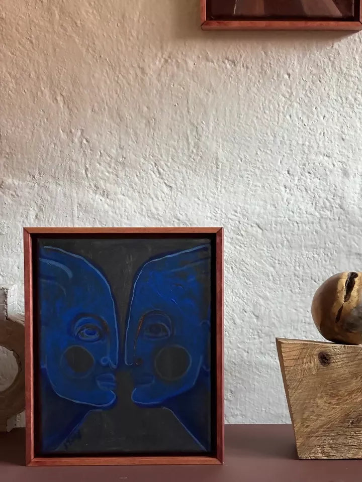 Abstract painting of two faces in blue tones,  available  to buy on the-salon.com. SALON curates the finest , unique, handmade pieces from the interior industry's best makers and brands. Shop luxury furniture, lighting, rugs, art, antiques and vintage pieces and accessories from SALON interior designed rooms.